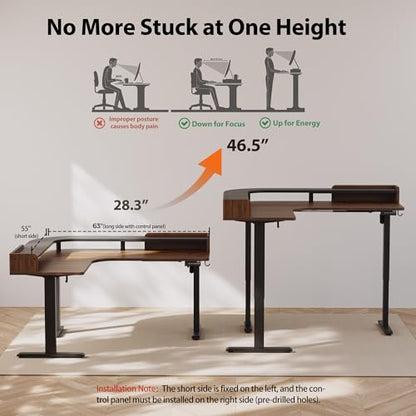 Agilestic L Shaped Standing Desk with Monitor Shelf, 63 Inch, Dark Walnut - color: Dark Walnut, size: 63 x 55 Inch with shelf