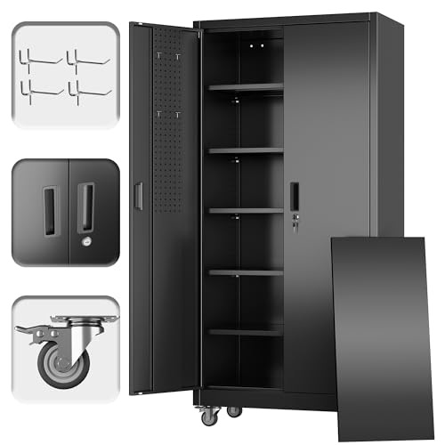 Aobabo Metal Garage Storage Cabinet with Wheels and Pegboard, Black | 71"H x 32"W x 16"D steel cabinet with 5 adjustable shelves, lock, pegboard doors and casters; assembly required. - color: Black, size: 16"D x 32"W x 71"H-0 Drawers