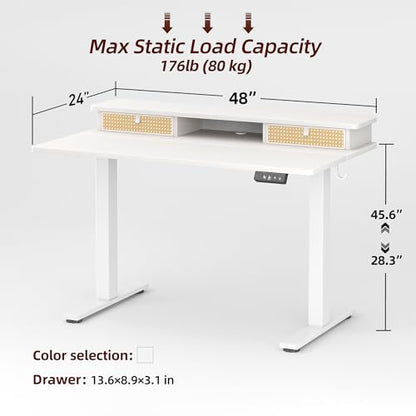 TIQLAB Standing Desk with Two Drawers, Stand Up Standing Desk Adjustable Height, Electric Sit Stand Table with Storage Shelf and Splice Board, 48 * 24 inch, White Wicker - color: White Wicker, size: 47*24 inch without keyboard tray