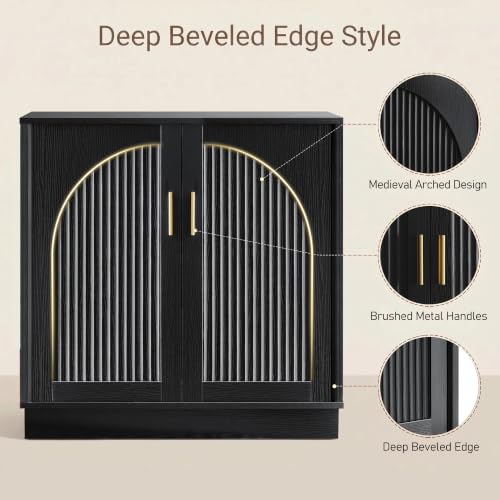 31.5" Fluted Sideboard Cabinet with Arched Doors, Buffet Cabinet, Black - color: Black