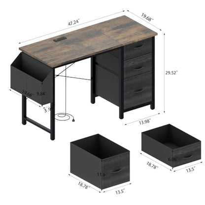 Office Desk with Power Outlet,3drawers and Side Pocket, Easy to Assemble,Frame Stability Reversible for Home Office Study,Rustic Brown