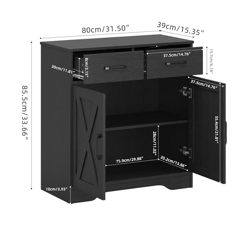 Panana Sideboard 2 Drawers 2 Doors Entryway Storage Cabinet Living Room Organizer Farmhouse Style Wooden Kitchen Cupboard (Black) - color: Black