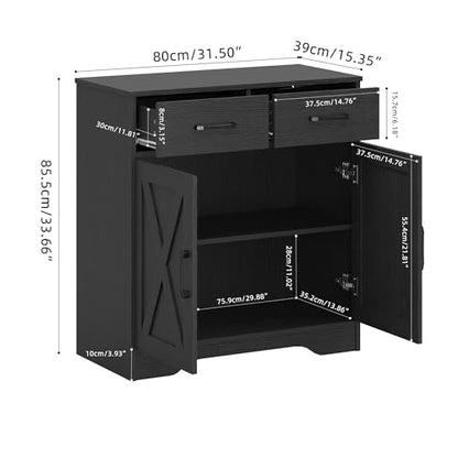 Panana Sideboard 2 Drawers 2 Doors Entryway Storage Cabinet Living Room Organizer Farmhouse Style Wooden Kitchen Cupboard (Black) - color: Black
