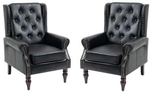 Mid-Century Wingback Chairs Set of 2,Faux Leather Accent Chairs Armchair with Buttons,Modern Living Room Chairs with Rivet Decoration,Single Sofa Chair for Bedroom,Club,Home Reception (Black) - color: Black Set of 2