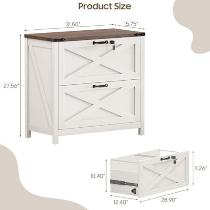 Halitaa Farmhouse Lateral File Cabinet with 2 Drawers, White and Brown - color: Rustic White and Brown, size: 2 Drawers