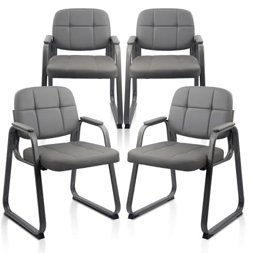 CLATINA Waiting Room Guest Chair with Bonded Leather Padded Arm Rest for Office Reception and Conference Desk Black with Sled Base Grey 4 Pack - color: Grey-a, size: 4 Pack