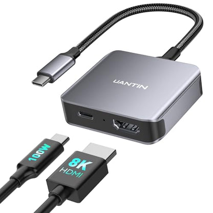 UANTIN USB C to HDMI 2.1 Adapter with 100W USBC Charging Port, Supports [8K, 4K@120Hz/60Hz HDR], 48Gbps Thunderbolt to HDMI Adapter Compatible for Laptop, iPhone 15/16, Switch 1/2, Steam Deck - size: 5.9inch