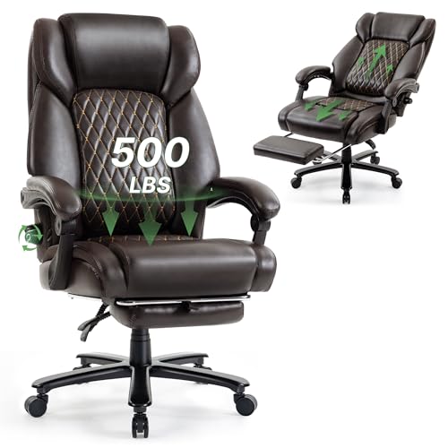 500LBS Reclining Executive Office Chair with Retractable Footrest, Brown | Adjustable Lumbar Support, for Big and Tall People, Leather, Manager Desk Chair, for Home Office, Work, and Relaxation - color: Brown