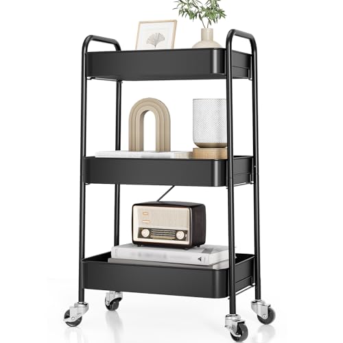 TOOLF 3 Tier Metal Rolling Cart, Utility Storage Cart with Wheels, Black | Screwless Assembly, Lockable Metal Wheels, Trolley Organizer for Bathroom, Kitchen, Office, Dorm, Laundry, Craft Room - color: Black, size: 3-Tier