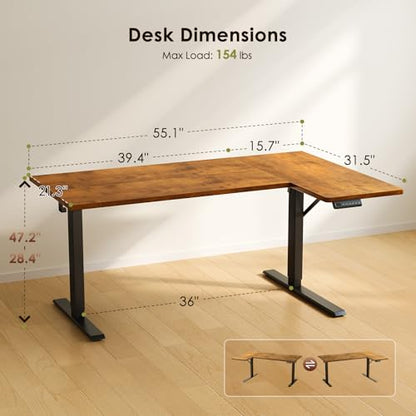 OffiGo 55 Inch Reversible L Shaped Electric Standing Desk, Rustic Brown - color: Rustic Brown, size: 55 Inch