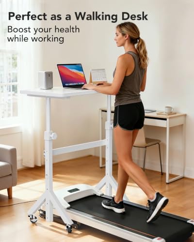 ErGear Small Standing Desk Adjustable Height, 6 Height Settings Up to 46.5″, Walking Pad Desk with Triangular Leg Design, Smooth Mobility with Lockable Wheels, Standing Desk for Walking Pad, White - color: White