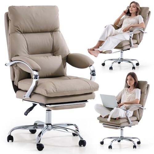 Office Chair with Foot Rest Reclining Office Chairs with Arms Adults | PU Leather High Back Ergonomic Executive Comfy Swivel Computer Desk Chairs with Wheels & Lumbar Support for Home Office, Tan - color: Tan