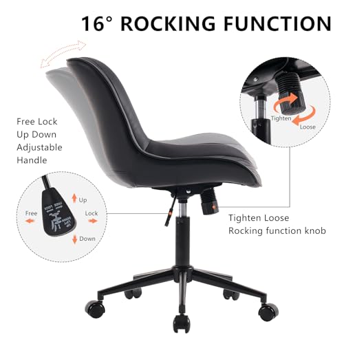 YOUNIKE Faux Leather Office Desk Chair Comfy Vanity Chair Armless Black | Ergonomic Upholstered Rocking Back, Swivel with Wheels, Height Adjustable, Modern Task Chair For Computer Sewing Drafting - color: Black