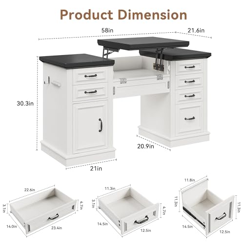 Jocoevol 57" Lift Executive Desk with Drawers, Farmhouse Home Office Desk with File Cabinet Storage, Computer Desk with Charging Station & Headphone Hook for Work/Study/Writing (White & Black, Lift)