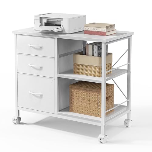 Healsmart Heavy Duty Mobile File Cabinet with 3 Fabric Drawers, Rolling Printer Stand with Back Support & Open Shelf, Multifunctional Storage Organizer for Home Office, White - color: White, style: Modern
