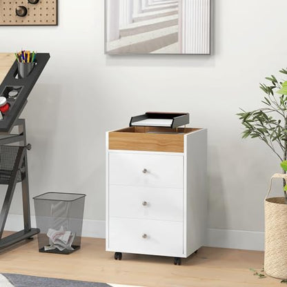 HOMCOM 3 Drawer Home Office Storage Cabinet, Office Drawer on Wheels, White | Removable Tray, Under Desk Printer Stand with Storage