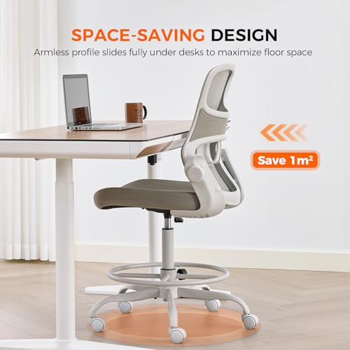 Armless Drafting Chair, Tall Office Chair for Standing Desks | A foot ring steadies legs through crafting and studio projects; breathable lumbar mesh and silent casters fit compact spaces. - color: Apricot-drafting