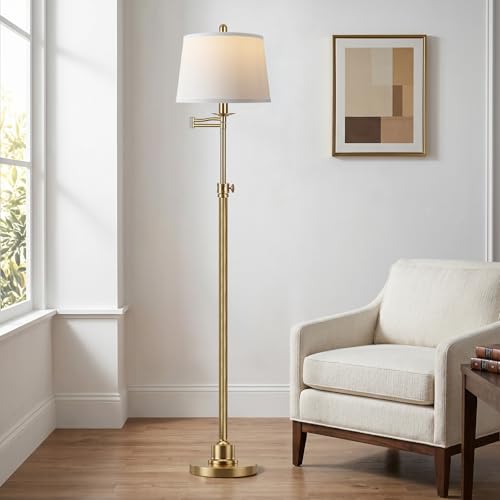 Vintage Floor Lamp for living room, Brushed Antique Brass Farmhouse Standing Lamp with 350° Swivel Swing Arm, 56.6''-66'' Mid Century Modern Height Adjustable Tall Lamp for Bedroom (LED Bulb Included) - color: Antique Brass