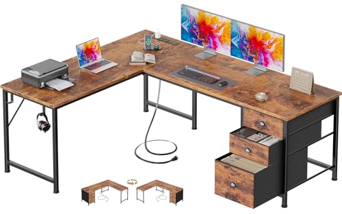 Furologee 63" L Shaped Desk, Office Corner Desk with Power Outlets, Brown | 2 Drawers & File Cabinet, USB & Type-C, Reversible Design, 2 Headphone Hook, Sturdy Frame, Computer Table for Gaming, Study - color: Rustic Brown