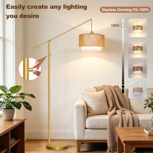 【Upgraded】Boho Dimmable Floor Lamps with Adjustable Swing Arm, 1100 Lumens Bulb Included, Modern Standing Lamp with Rattan & Fabric Shades, Farmhouse Tall Arc Floor Lamp for Living Room Bedroom, Gold - color: Bohemian-Gold