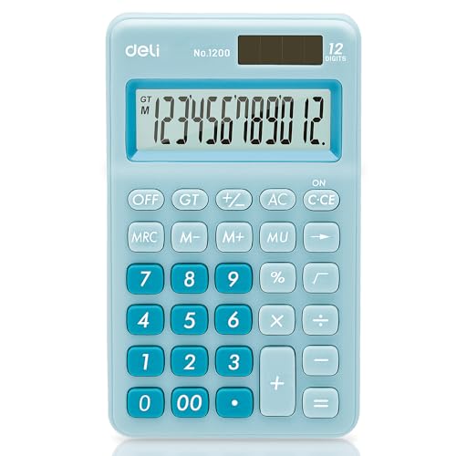 Deli Standard Function Basic Calculator, 12 Digit Desktop Calculator with Large LCD Display, Solar Battery Dual Power Office Calculators, Blue - color: Blue