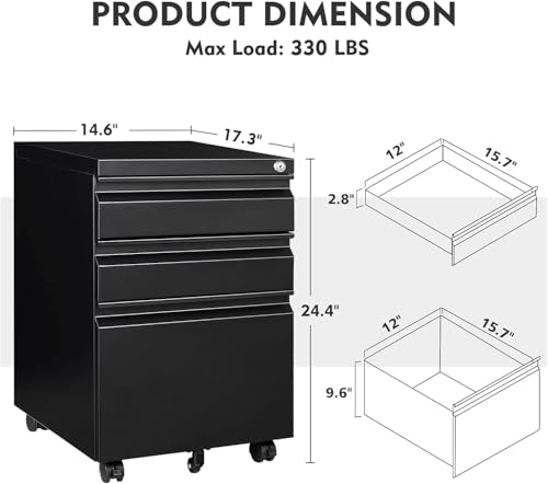 MIIIKO 3 Drawer File Cabinet on Wheels, Home Office Mobile File Cabinet Under Desk, Full Assembled Metal Filing Cabinets with Lock for Legal/Letter/A4 File Folders - color: Black, size: 3Drawer-24.5"H