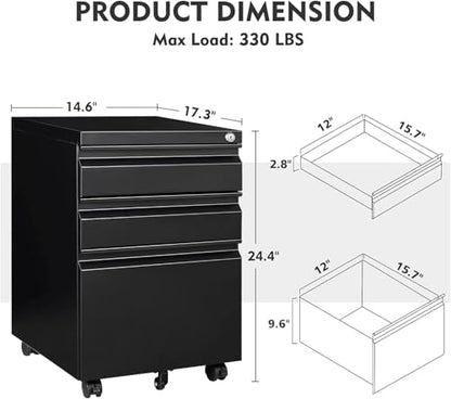MIIIKO 3 Drawer File Cabinet on Wheels, Home Office Mobile File Cabinet Under Desk, Full Assembled Metal Filing Cabinets with Lock for Legal/Letter/A4 File Folders - color: Black, size: 3Drawer-24.5"H