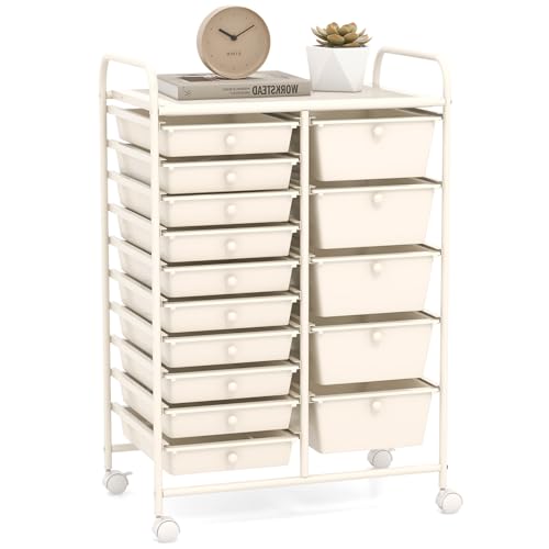 COSTWAY 15 Drawer Rolling Storage Cart, Mobile Utility Cart with Lockable Wheels, Drawers, Multipurpose Organizer Cart for Home, Office, School, White - color: White
