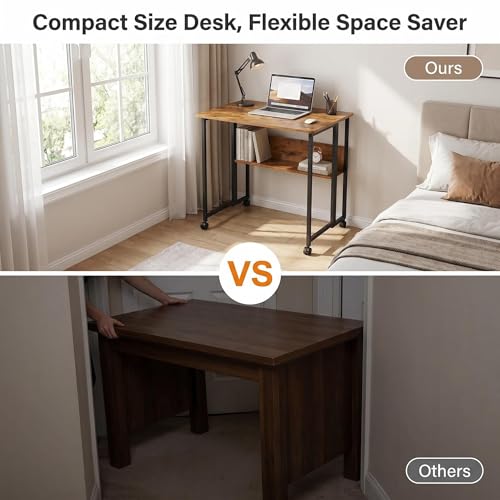 Mobile Foldable Desk w/Wheels and Feet Pads, Foldable Computer Desk, Folding Desk, Small Computer Desk for Small Spaces, Folding Table for Office Bedroom Living Room-Rustic Brown - color: Brown Folding Table