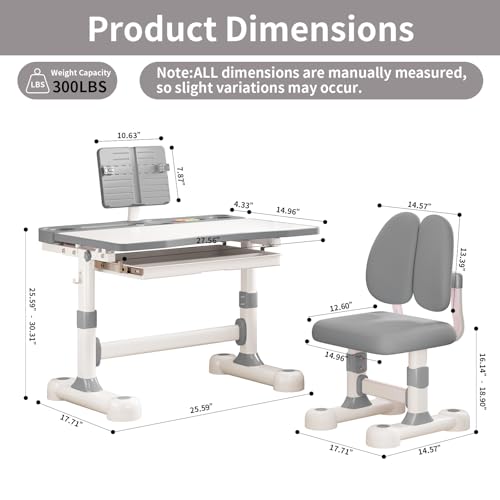 Kids Adjustable Desk and Chair Set 3-12, Children School Study Desk-11GREY | Height Adjustable | 50° Tilt Desktop | Book Stand & Metal Hook & Storage Drawer | Writing Drawing Table for Boys and Girls - color: 110-grey-27.5in