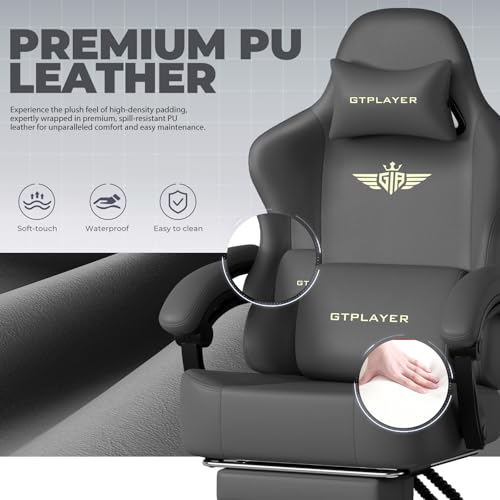 GTPLAYER Big and Tall Gaming Chair 400lbs Heavy Duty Office Chair with Footrest, High Back Pocket Spring Ergonomic Computer Chair for Adults, Wide Seated Cushion with Linkage Armrests, Leather Grey - color: Dark Grey