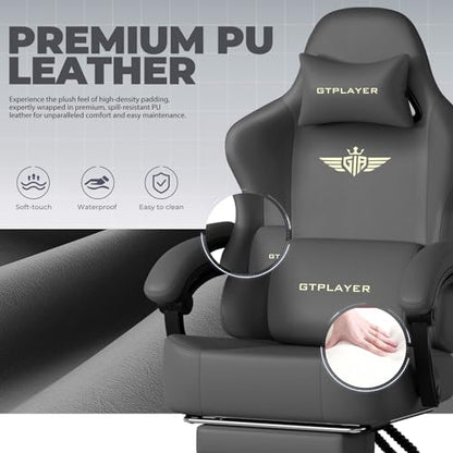 GTPLAYER Big and Tall Gaming Chair 400lbs Heavy Duty Office Chair with Footrest, High Back Pocket Spring Ergonomic Computer Chair for Adults, Wide Seated Cushion with Linkage Armrests, Leather Grey - color: Dark Grey