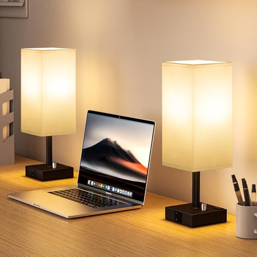 White Bedside Table Lamps Set of 2 - Dimmable, USB C+A, 2 AC Outlets | Stepless Dimmable by Rotary Knob, 3000K LED Bulbs Included, Square White Linen Shade, Nightstand Lamp for Living Room, Desk - color: White