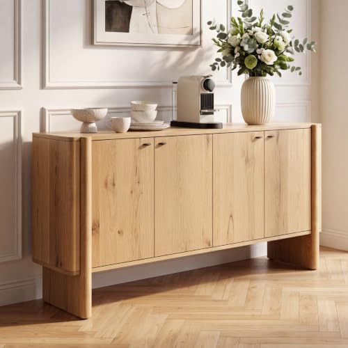 Ya-Home Modern Sideboard Buffet Cabinet with Storage, Accent Farmhouse Buffet Coffee Bar Cabinet with 4 Doors, Wooden Media Console Table Credenza for Living Room/Kitchen/Entryway, Natural - color: Natural