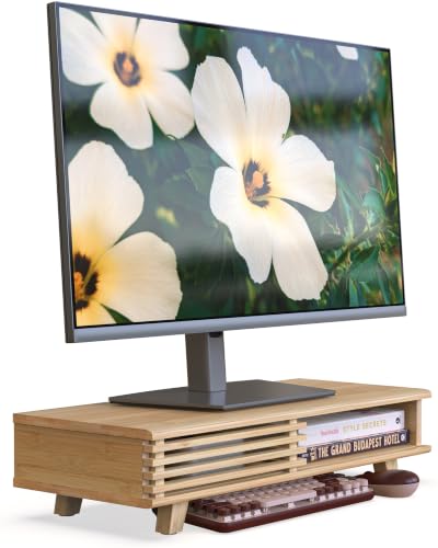 Bamboo 23" Monitor Stand with Sliding Doors Desk Shelf - color: Bamboo, size: 23 Inch