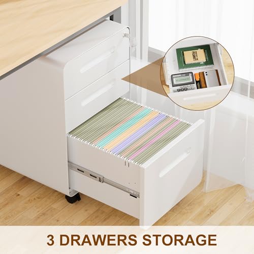 3 Drawer Mobile File Cabinet with Lock, 4 Keys and 25 Letter File Folders | Heavy-Duty Steel Rolling Filing Cabinet Pre-Assembled Under Desk for Home Office Letters/Legal/A4 Hanging File Folders - color: White, size: 23.8"H*15.7"W-3 Drawers(25 letter fold