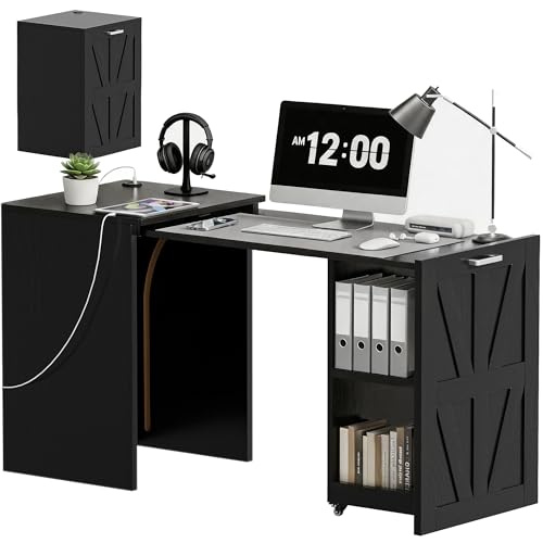 Foldable Pull-Out Desk with Charging Station and Storage, Black