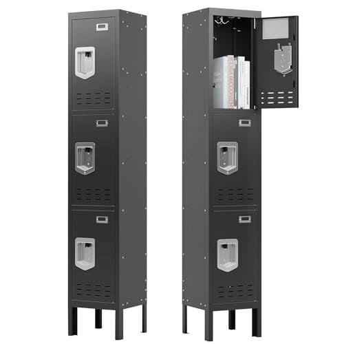 BUTISOW 3 Door Employee Metal Locker w/Card Slot for School Gym Office | Ventilated Metal Steel Locker with Mirror & Multi Hooks for Secure Storage - color: Black, size: 3 Door - (66.15" H x 11.8" W x 11.8" D)