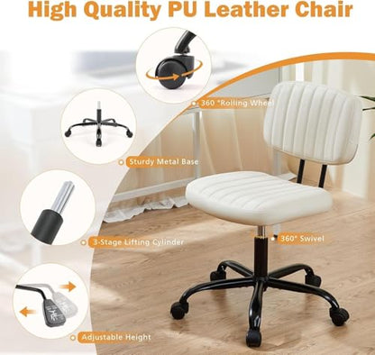 YSSOA Small Office Desk Chair Comfy Computer Chair with Ergonomic Low Back Lumbar Support, Height Adjustable Armless PU Leather Vanity Stool 360° Swivel Rolling Chair for Home Bedroom, White - color: White