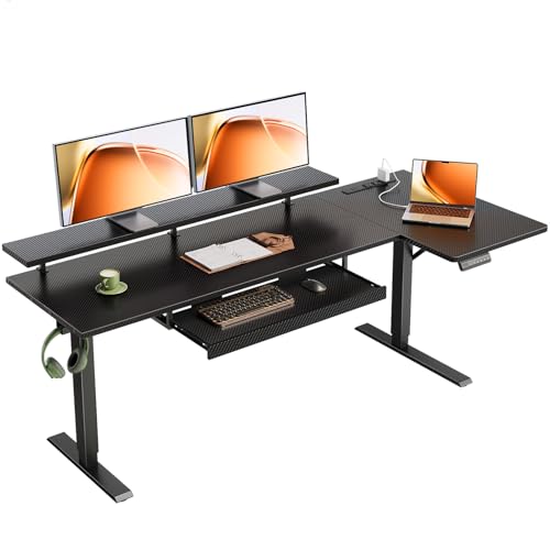 OffiGo 63" Reversible L Shaped Electric Standing Desk, Carbon Fiber Black | Monitor Stand, Keyboard Tray, Power Outlets, 3 Memory Presets, Corner Stand Up Desk for Ergonomic Home Office, Workstaion - color: Carbon Fiber Black, size: 63 Inch