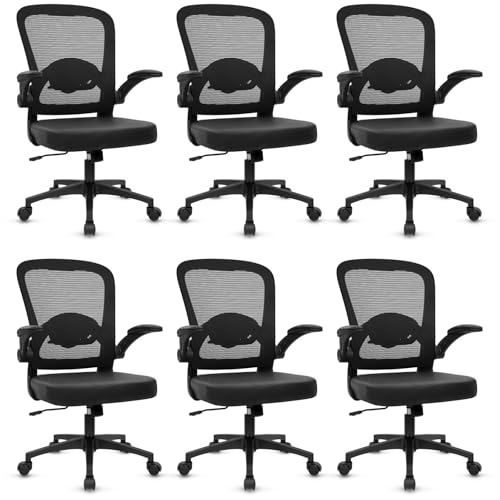 KLASIKA Desk Chairs with Wheels, Ergonomic Mesh Back PU Leather Seat Home Office Adjustable Lumbar Support and Height Swivel Rolling Computer Task Chair with Flip Up Arms for Conference, Black, 6PK - color: Black_villy Leather, size: 6PK