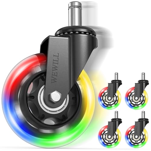 WEWILL RGB Chair Caster Wheels, Self-Lit No Batteries, 3" PU Rubber (5-Pack), Heavy Duty 325kg/715lb, Universal 11x22mm Stem, Quiet for Carpet/Hardwood (Not IKEA) - color: Colorful