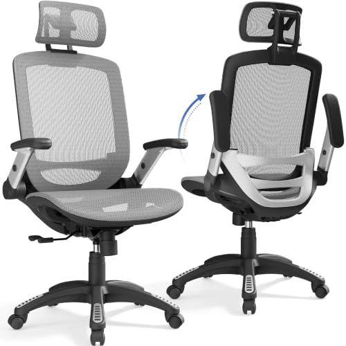 GABRYLLY Ergonomic Office Chair, High Back Home Desk Chair with Headrest, Flip-Up Arms, 90-120° Tilt Lock and Wide Cushion, Big and Tall Mesh Chairs for Man Woman, Grey Task Chair - color: Grey