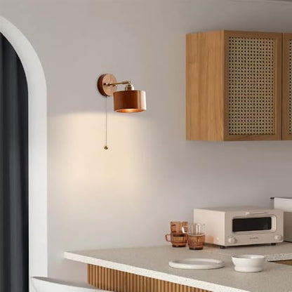 Wood Wall Sconce with Pull Chain Adjustable Swing Arm Natural Or Walnut Wood Cylinder Shade Brass Accent Wall Lamp for Bedroom Living Room Hallway Reading Nook(Wood) - color: Wood
