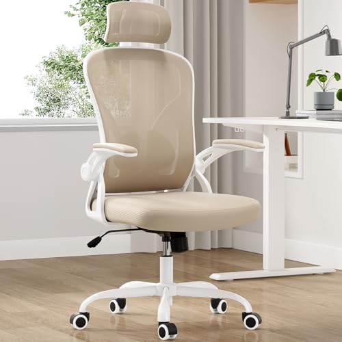 Farini Ergonomic Office Chair, Home Office Desk Chair with Headrest, High Back Swivel Computer Chair with Armrests and Adjustable Lumbar Support for Home Office Study Room, White & Khaki - color: White Khaki, size: Set of 1