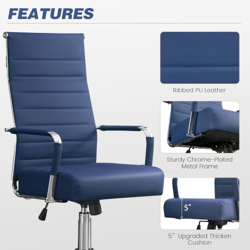 JOMEED Office Desk Chair,Conference Room Chair,High Back PU Leather Swivel | Modern Executive Ribbed Design, Ergonomic, Height Adjustable, Wheels and Arms, for Home Office(Blue-Silver Frame) - color: Blue