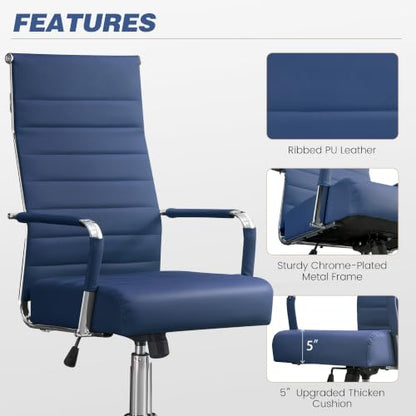 JOMEED Office Desk Chair,Conference Room Chair,High Back PU Leather Swivel | Modern Executive Ribbed Design, Ergonomic, Height Adjustable, Wheels and Arms, for Home Office(Blue-Silver Frame) - color: Blue