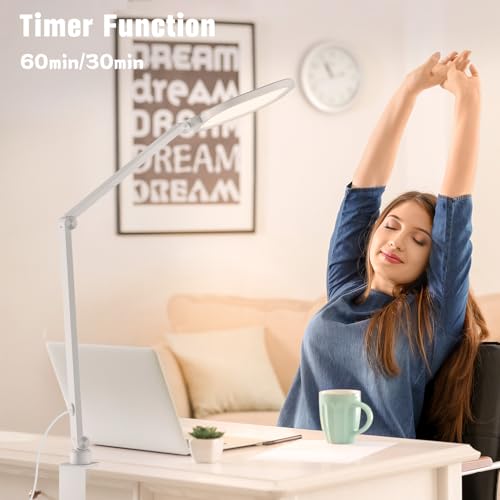 LED Desk Lamp for Home Office with C- Clamp | Swing Arm, Memory, Timer, 30 Dimmable Modes, Computer Light for Video Calls, Zoom Meeting, Conference, Streaming, Podcasting - color: White