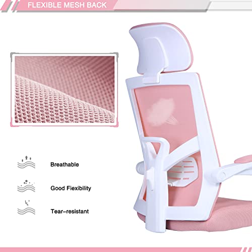 Qulomvs Mesh Ergonomic Office Chair with Footrest Home Office Desk Chair with Headrest and Backrest Adjustable Computer Executive Desk Chair with Wheels 360 Swivel Task Chair - color: Pink With Footrest 2