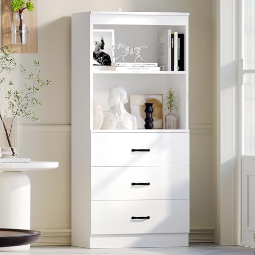 oneinmil 55.5" H 5-Tier Bookshelf with 3 Drawers, White Bookcase with 2-Tier Open Shelves, Tall Book Shelf with Storage Space, Wooden Storage Cabinet for Living Room, Office - color: White, size: 5-Tier